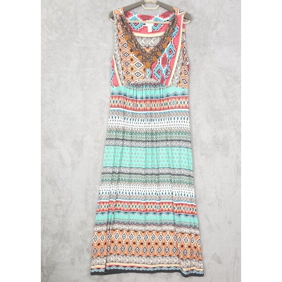 Chico's Dresses & Skirts - Chicos Dress Women Size 1/M Sleeveless Beaded Embellished Maxi Boho Aztec Multi